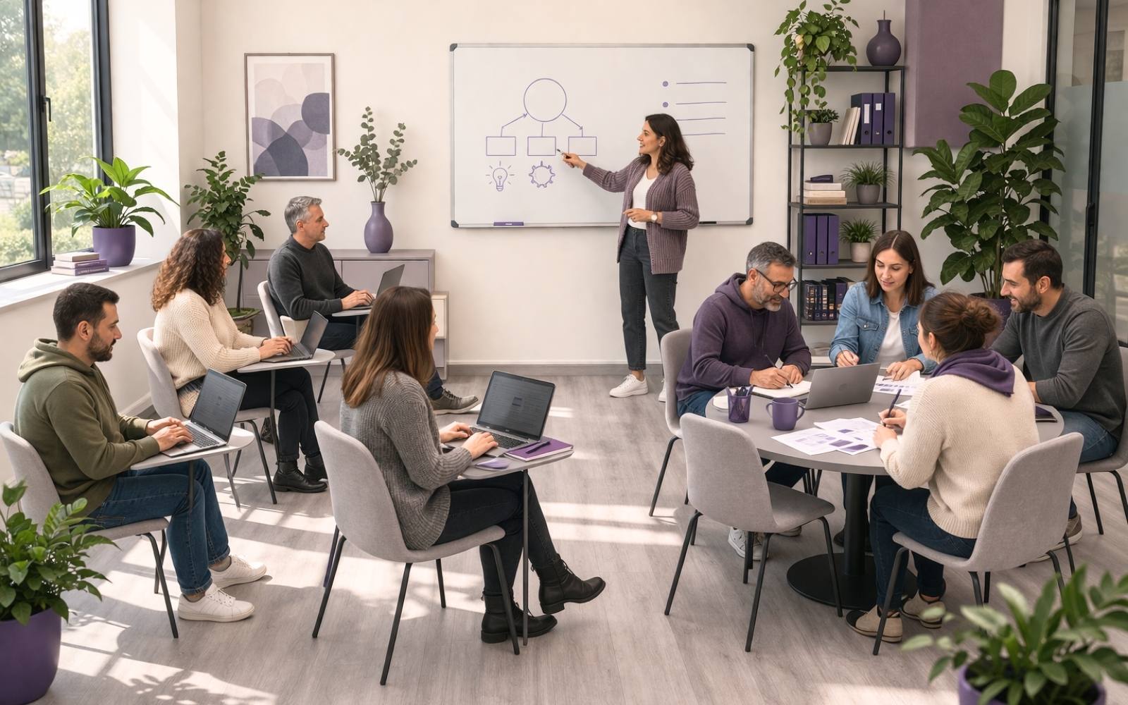 Οκτώ ενήλικες εκπαιδευόμενοι με laptop σε φωτεινό χώρο μάθησης παρακολουθούν και συμμετέχουν σε οργανωμένη εκπαιδευτική δραστηριότητα.